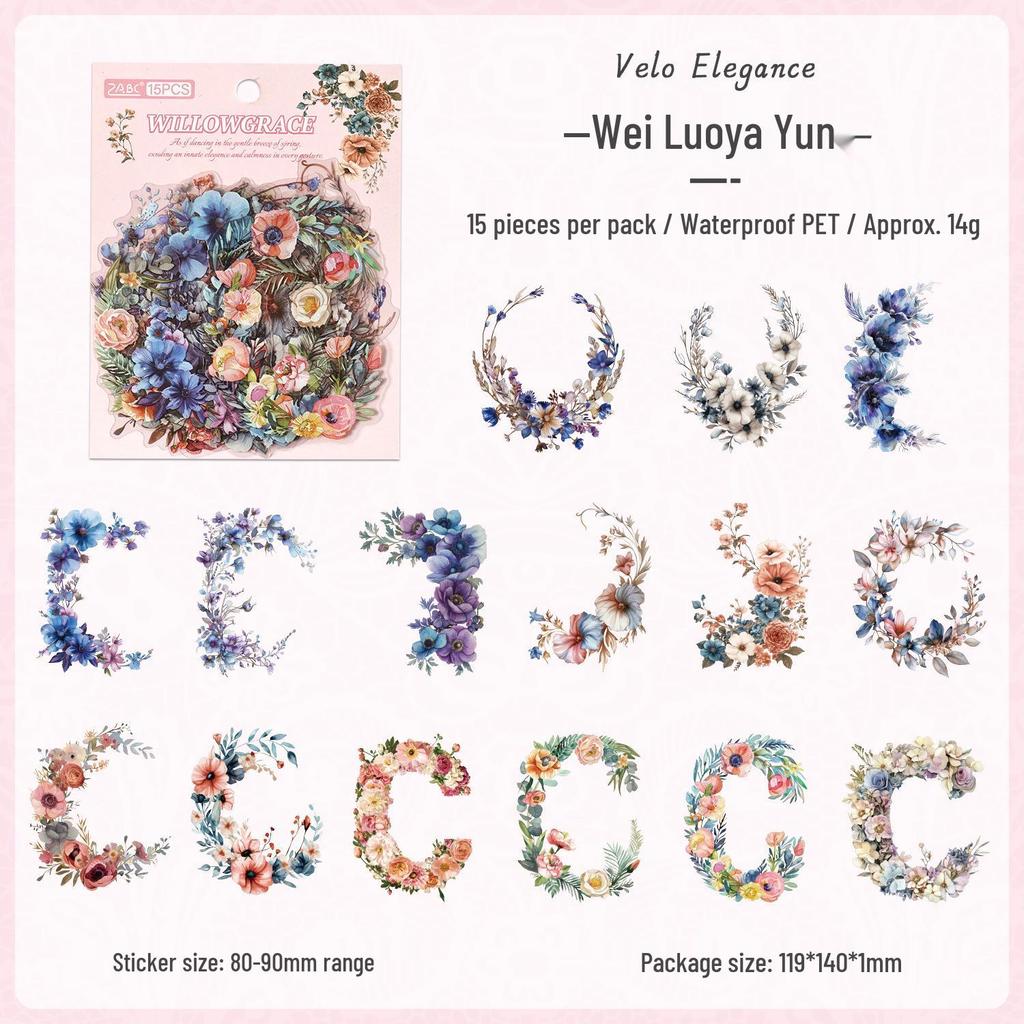 ZABC Retro Floral PET Sticker Pack: 15 Sheets for Romantic Floral-Themed Journaling