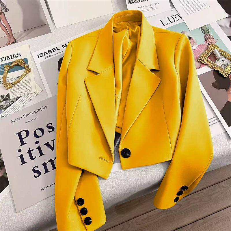 Women's One Button Short Blazer, Polyester Long Sleeve Notched Lapel Regular Fit Elegant Commuter Suit Jacket