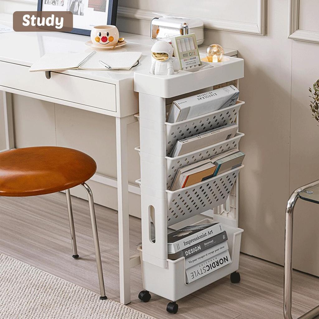 Bookshelf with Casters, File Wagon, Textbook Storage, Magazine Rack, Slim, Easy Assembly, Student, White (Width 37.5 X Depth 15 X Height 78cm) (White)