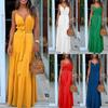 Falda larga de mujer moda sexy y tobillo personalidad bohemia botón cuello en V costura vestido de tirantes