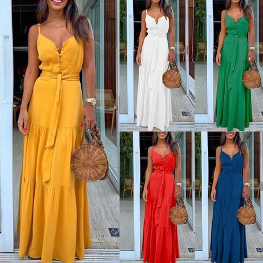 Women's Long Skirt Fashion Sexy and Ankle Bohemian Personality Button V-neck Stitching Strap Dress