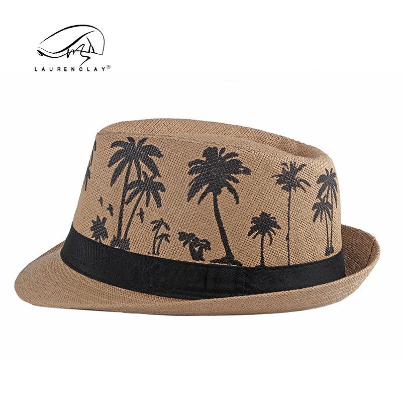 Summer Shade Sun Protection Beach Top Hat Ladies Coconut Tree Printed Jazz Hat Men's Encrypted Straw Breathable Hat
