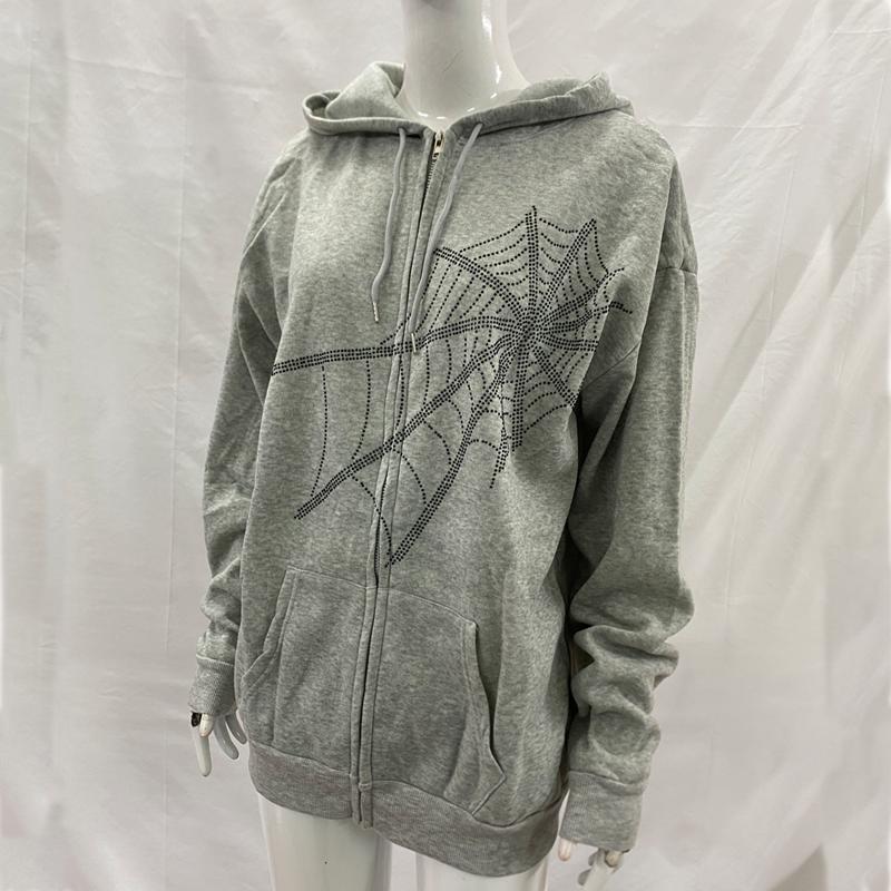 Gothic Punk Spider Web Hooded Women Fairy Grunge Dark Academia Jacket Coat Harajuku Outwear Zipper Sweatshirts Emo Alt Clothing