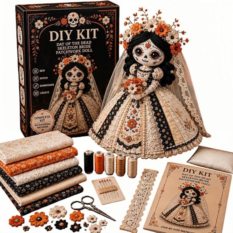 Day Of The Dead Handmade Skull Doll DIY Kit Patchwork Sewing Craft Set for Adult Hobbyist Halloween Party Decor Creative Gift