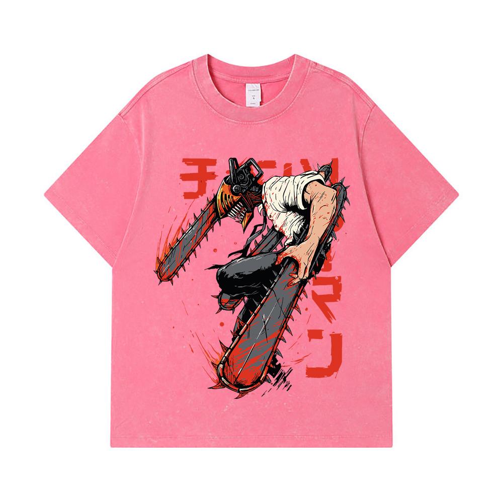275 GSM Washed T-shirts 100% Cotton Chainsaw Man V21 Denji Print Unisex Heavy Cotton T Shirt