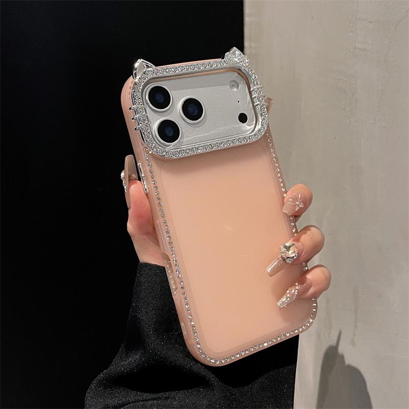 

iPhone 17 Pro Max Cat Ear Rhinestone Matte Protective Case iPhone 14 Plus оранжевый