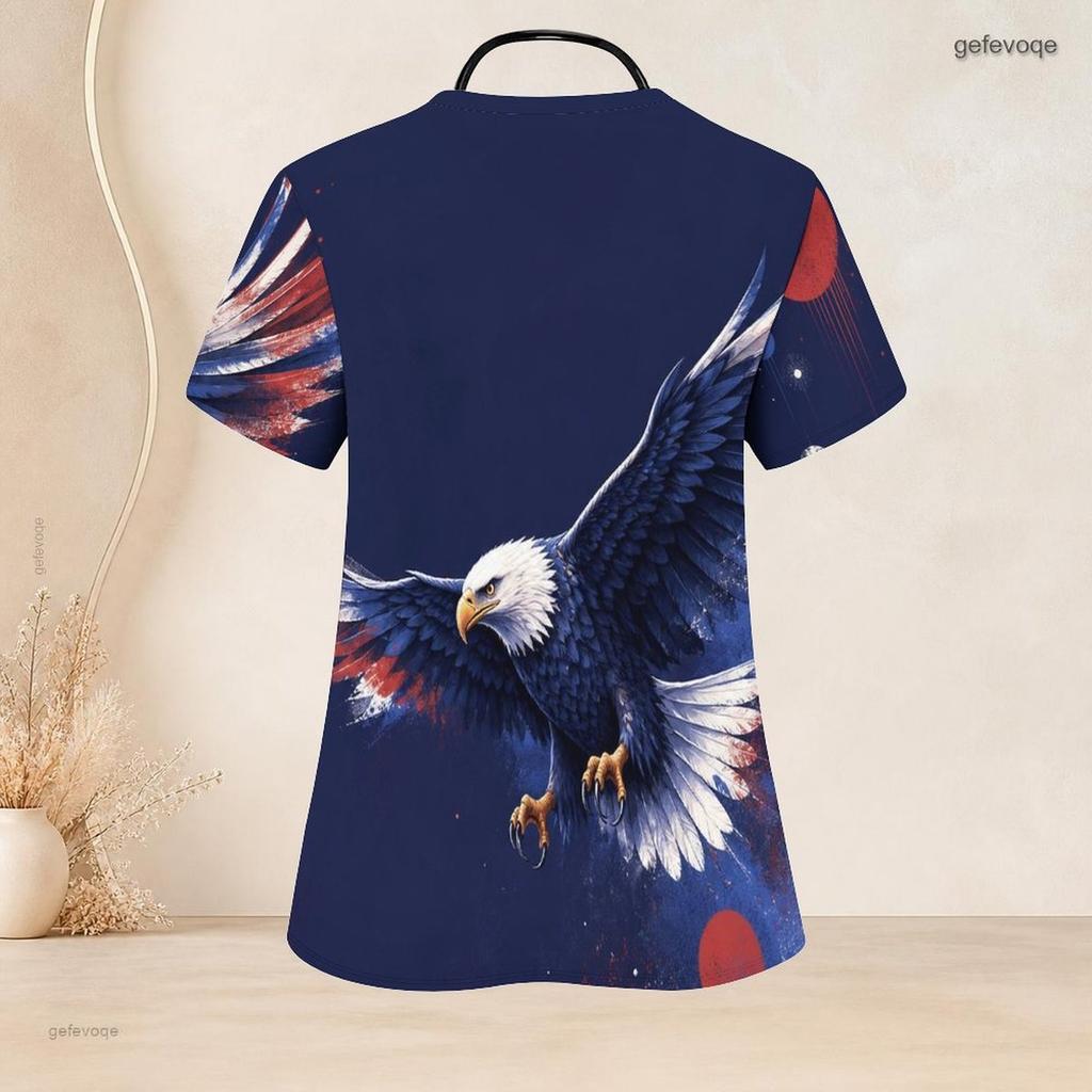 Women Plus Size Scrub Top V Neck Short Sleeve Printed Red Blue With Front Pockets