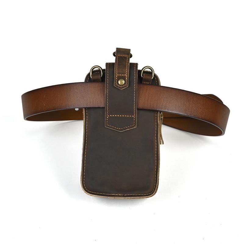 New Men's Genuine Cow Leather Waist Bag Belt-worn Outdoor Multi-compartment Water-repellent Fanny Pack 7-inch Phone Holder for Daily Travel Hiking