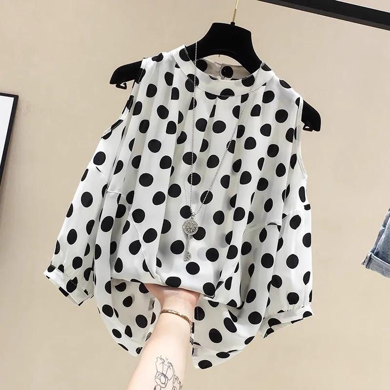 

Women s New Summer Loose Top Polka-dot Off-shoulder Short-sleeved Chiffon Shirt 3XL білий