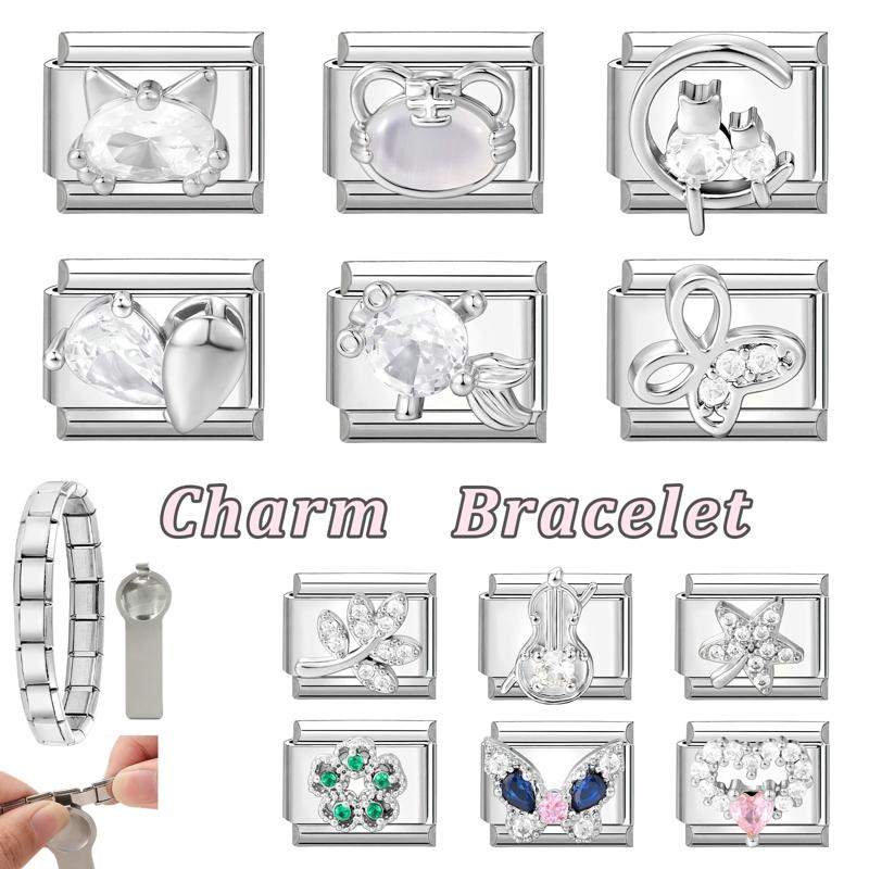 Shiny Y2K Zircon Butterfly Leaf Moon Cat Flower Fish Italian Charm Links Fit 9mm Stainless Steel Bracelet Women DIY Making Gifts