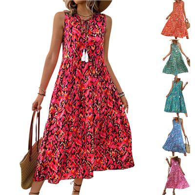 Sleeveless Women's Dress Casual Flowy A-Line Midi Tshirt Dresses With Pockets Crewneck Vocation Boho Beach Sundress