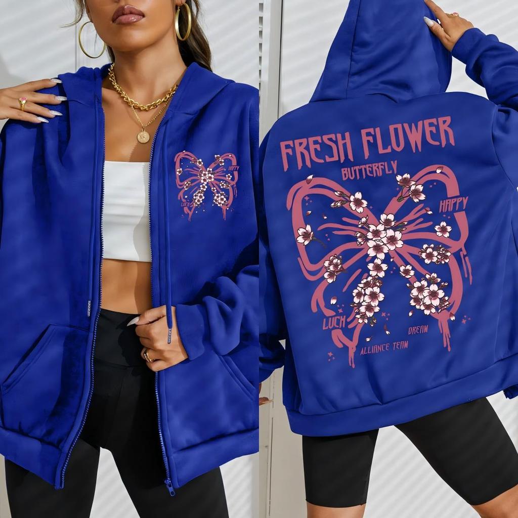 Frische Blume Schmetterlinge Prints Damen Reißverschluss Hoodie Hip Hop Fleece Lässiger Lockerer Kapuzenpullover Herbst Bequeme Streetwear