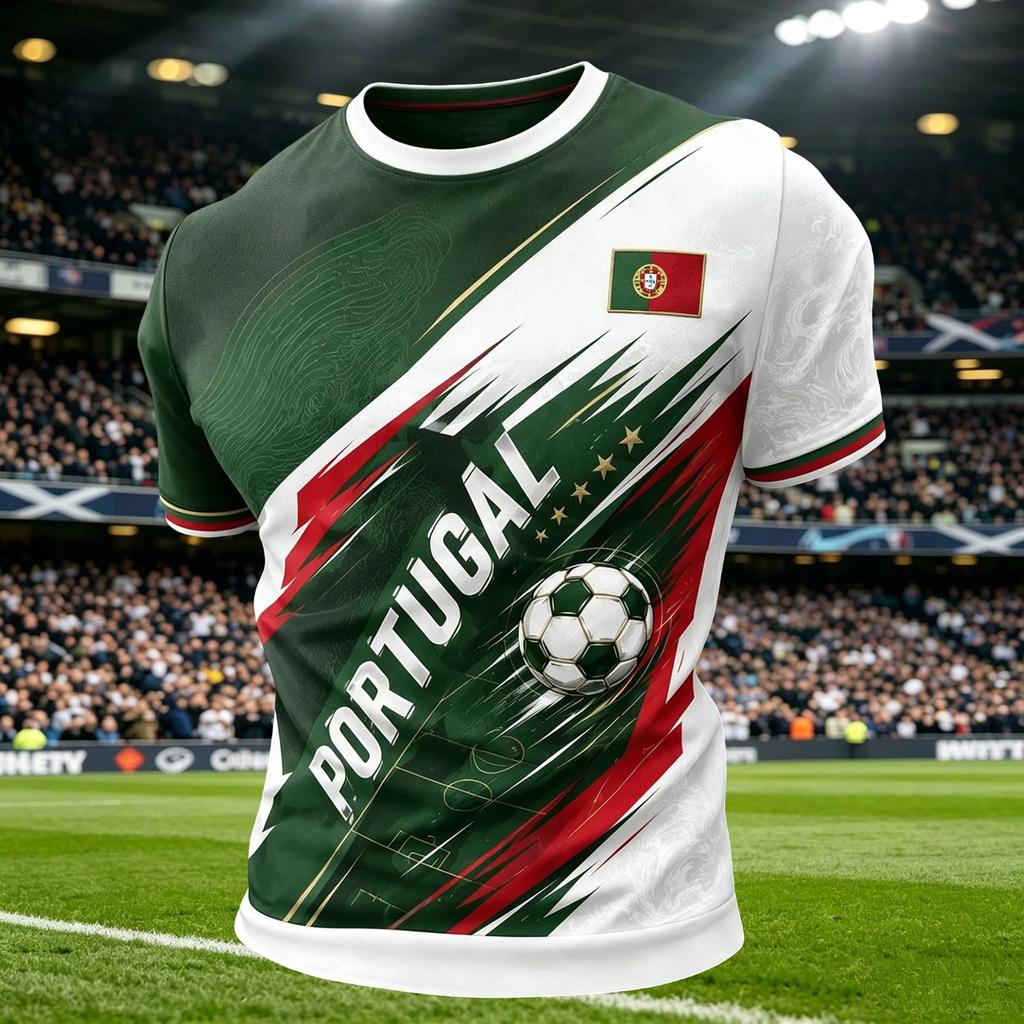 Men's Round Neck Short Sleeve Soccer with Football Print for Casual Wear