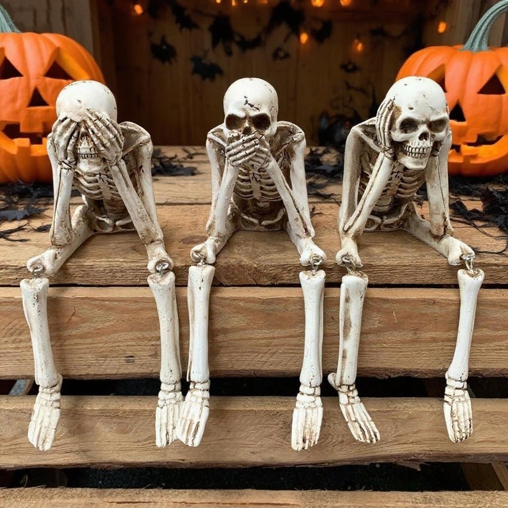 

Хэллоуин Камин Симуляция Череп Комбинационный Набор, Скелет Не Слышу Зла Не Говорю Зла Статуи Атмосфера Декоративные Украшения Поделки Модель бежевый