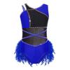 Girls Latin Dance Rhinestone Feather Asymmetrical Sleeveless Press Button Crotch Mesh Bodysuit