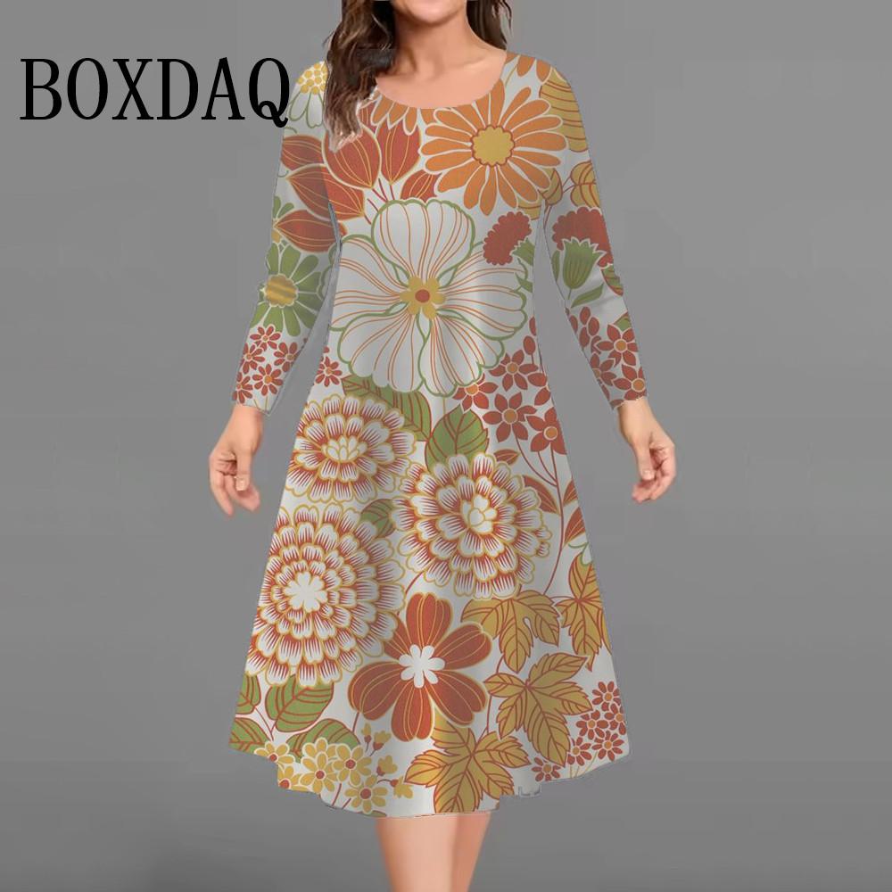 Vintage Flowers 3D Print Dresses For Women Autumn Winter Long Sleeve Large Size Dress Casual Loose Plus Size Clothing