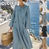 DICFY Women's Fashion Autumn Winter Solid Color Print Long Sleeve Casual Dresses