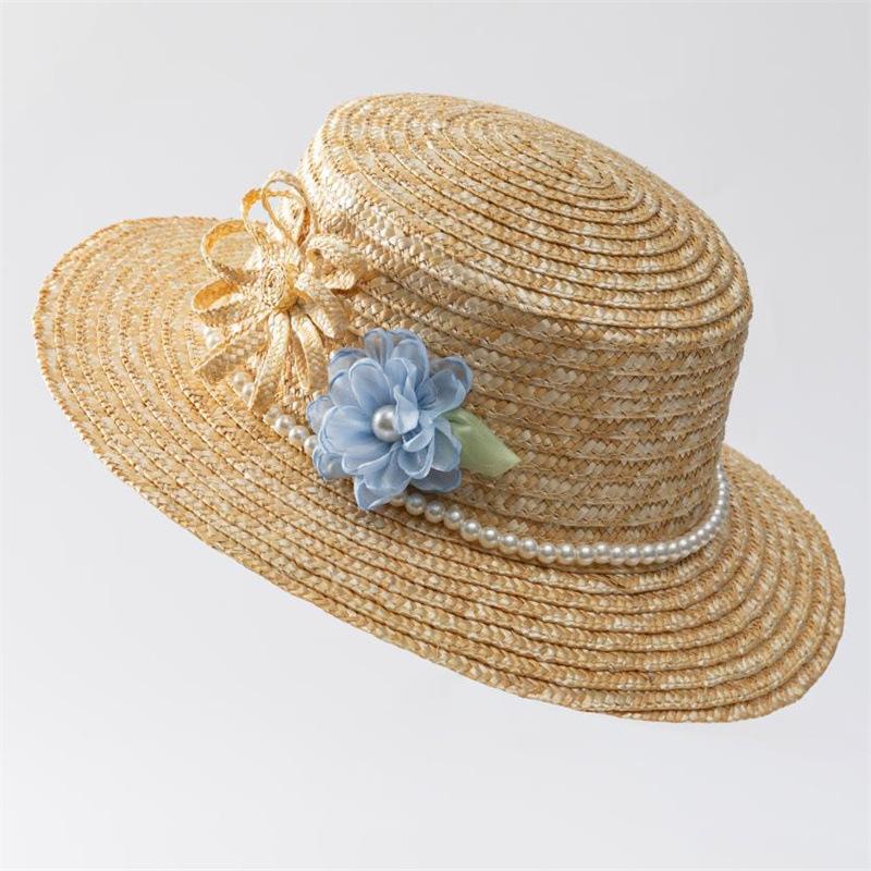 French retro temperament pearl handmade flower flat top gift hat women's summer seaside beach vacation sunshade sunscreen straw hat