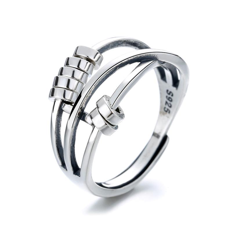 S925 Sterling Silver Three-ring Smart Ring Ins Wishing Transfer Beads Light Luxury Exquisite Index Finger Ring Female