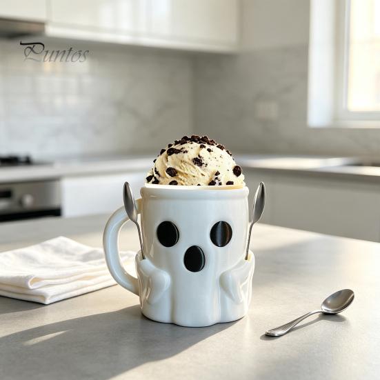 Creative Birthday Surprise Gift Halloween Ghost Ice Cream Pint Holder, Dual Spoon Slot And Theme Drinkware Handle Design Durable PLA Leak-Proof