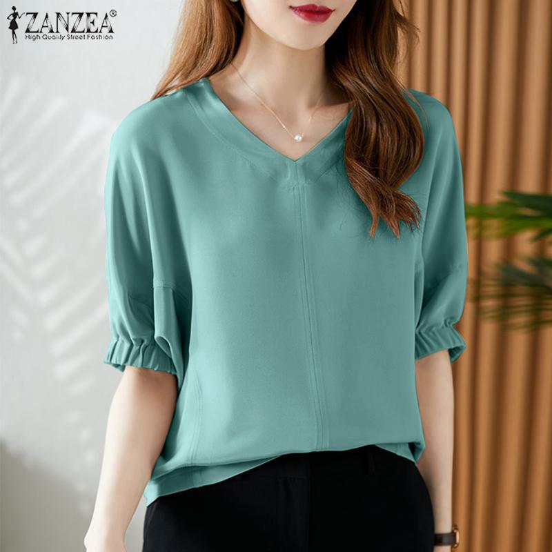 

ZANZEA Женская повседневная летняя блузка с v-образным вырезом и короткими рукавами, топы