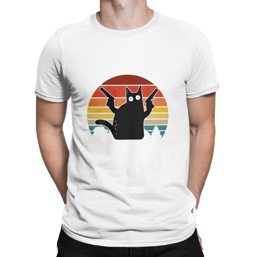 Men Vintage Retro Black Cat Pew Pew Madafakas T Shirt Pure Cotton Clothes Funny Short Sleeve Tee Shirt Gift Idea T-Shirts
