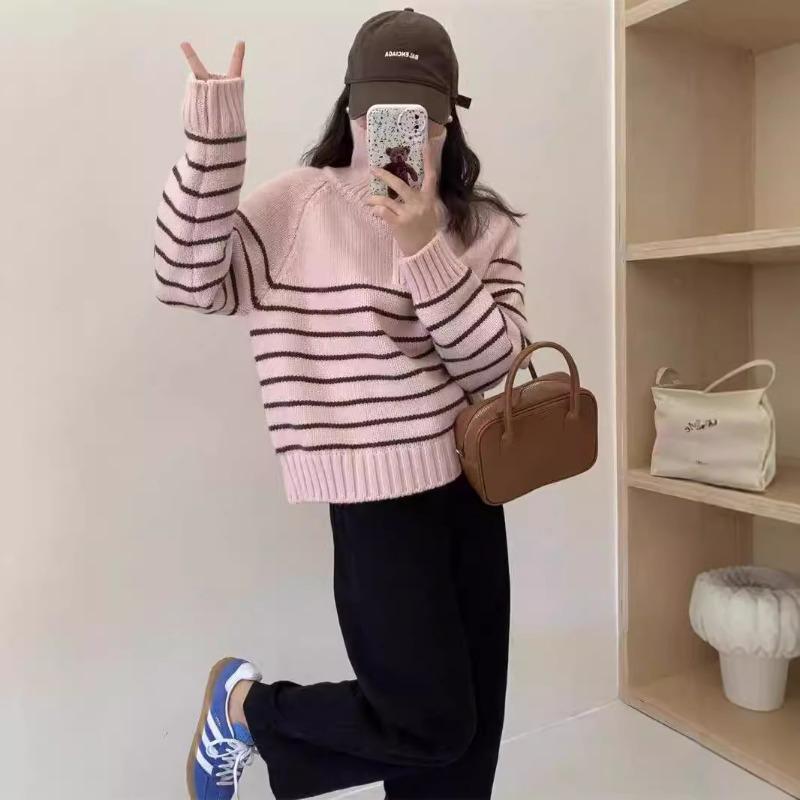 Autumn and winter new lazy style versatile knitted sweater half zipper lapel loose and thin striped sweater women