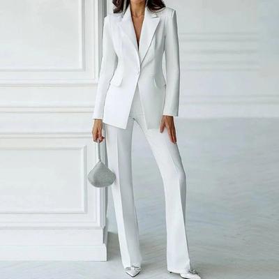 Elegantes Ternos Brancos Femininos Moda Liso Lapela Pontuda Manga Longa Um Botão Conjuntos de 2 Peças Moda Casual Office Lady Calças
