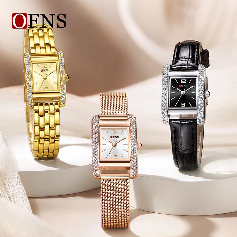 OFNS Elegant Women's Square Dial Watch: Simple Niche Bar Markers, Waterproof, Luxury Diamond Inlaid Quartz.