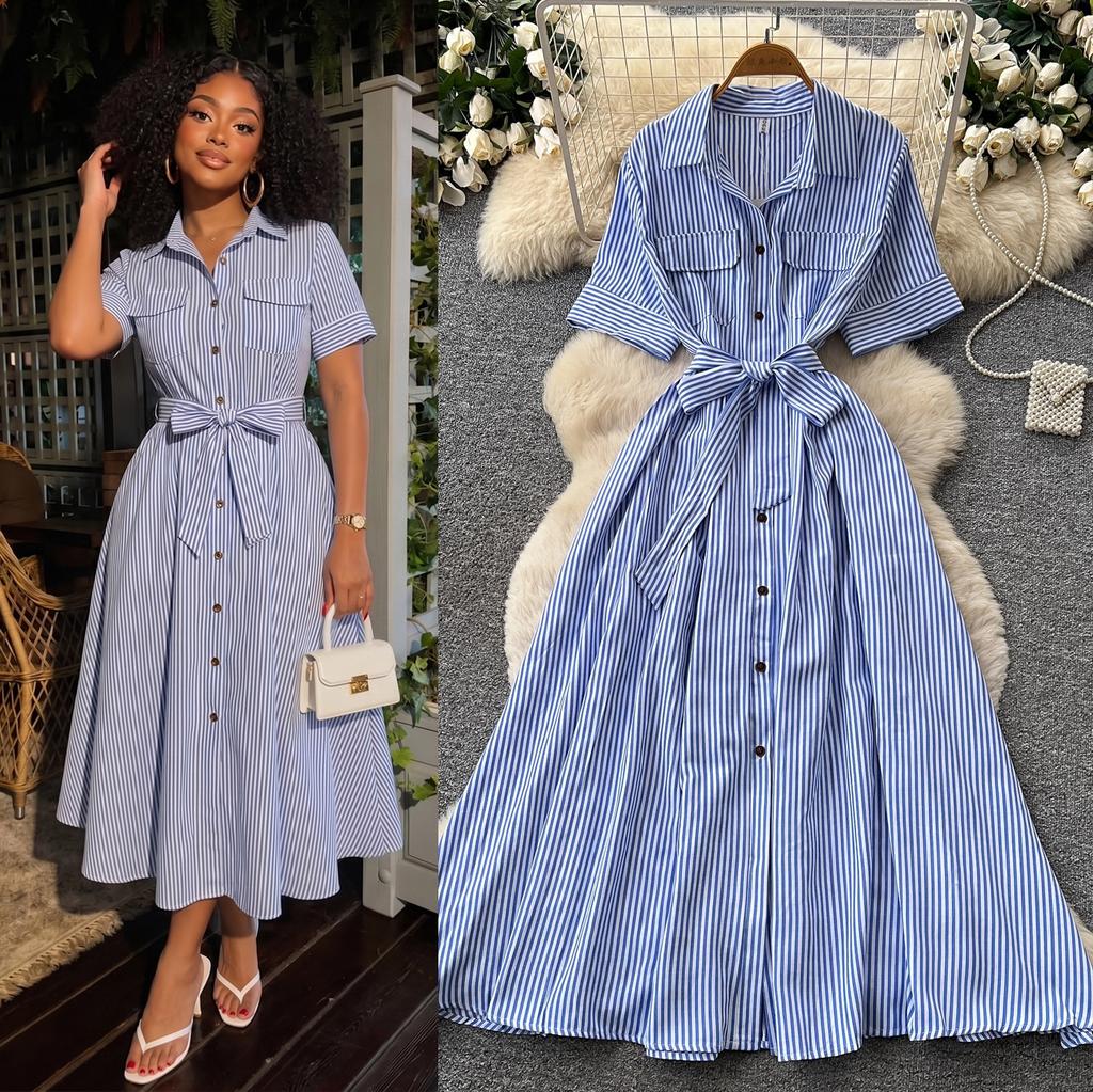 Commuter style short-sleeved A-shaped dress for women's summer light and mature style pink waist and thin elegant niche long skirt