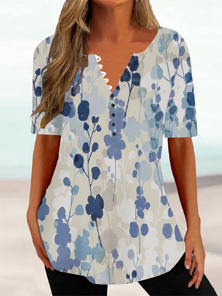 

Женская летняя футболка с цветочным принтом и V-образным вырезом, с короткими рукавами, женский винтажный топ средней длины, свободный топ, женская одежда 5XL
