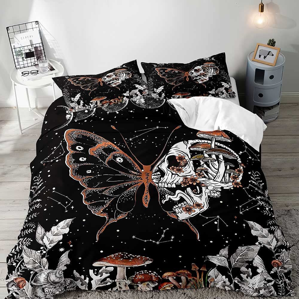 Blue Butterfly Duvet Cover Set Bohemian Moth Mushroom Comforter Cover Hippie Wild Fungus Pattern Home Room Decor Bedding Sets