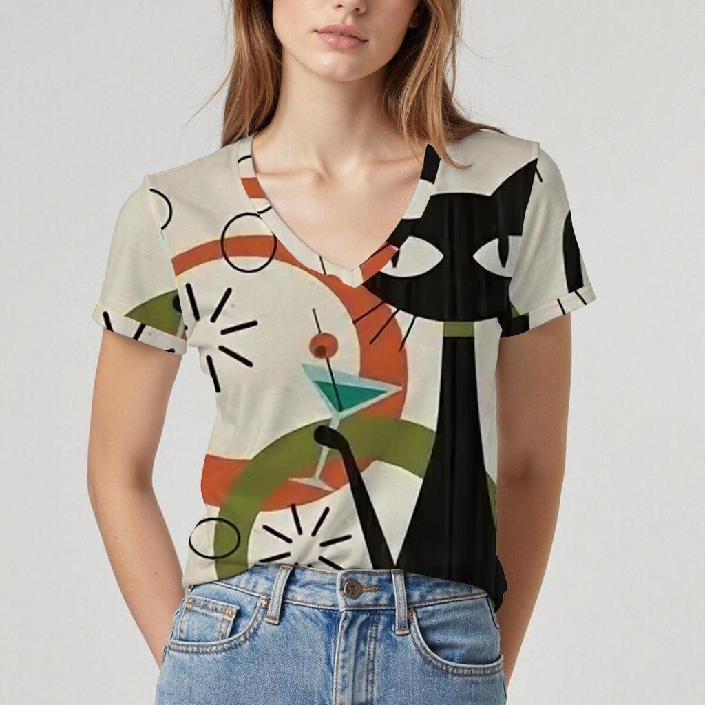 Summer V-neck 3D Cartoon Cat Pattern Printed Top Fashionable Casual Short Sleeved Women's T-shirts