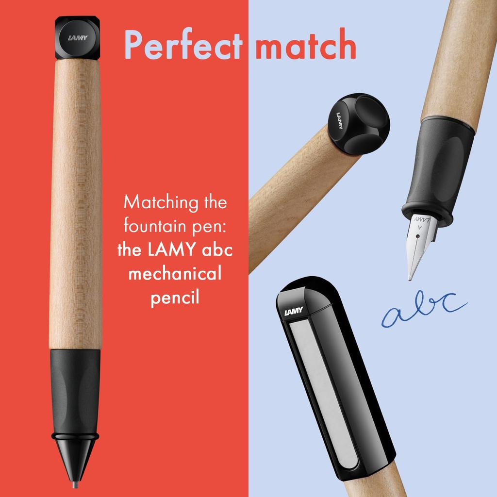 Lamy ABC Black Fountain a writing fountain pen for featuring an ergonomic grip and a polished steel nib with an A line a sturdy maple and a T10 blue