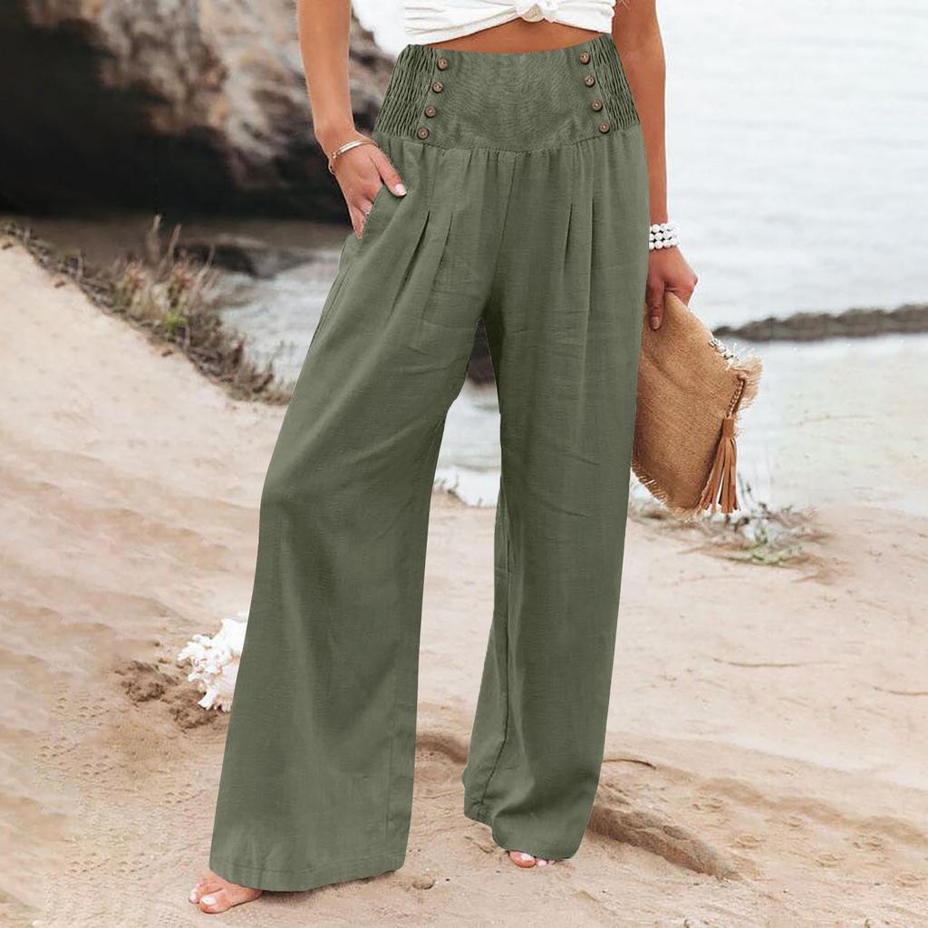 Summer Cotton Linen Wide Leg Pants Women Loose Palazzo Pant Pocket Elastic Waist Button Casual Pants