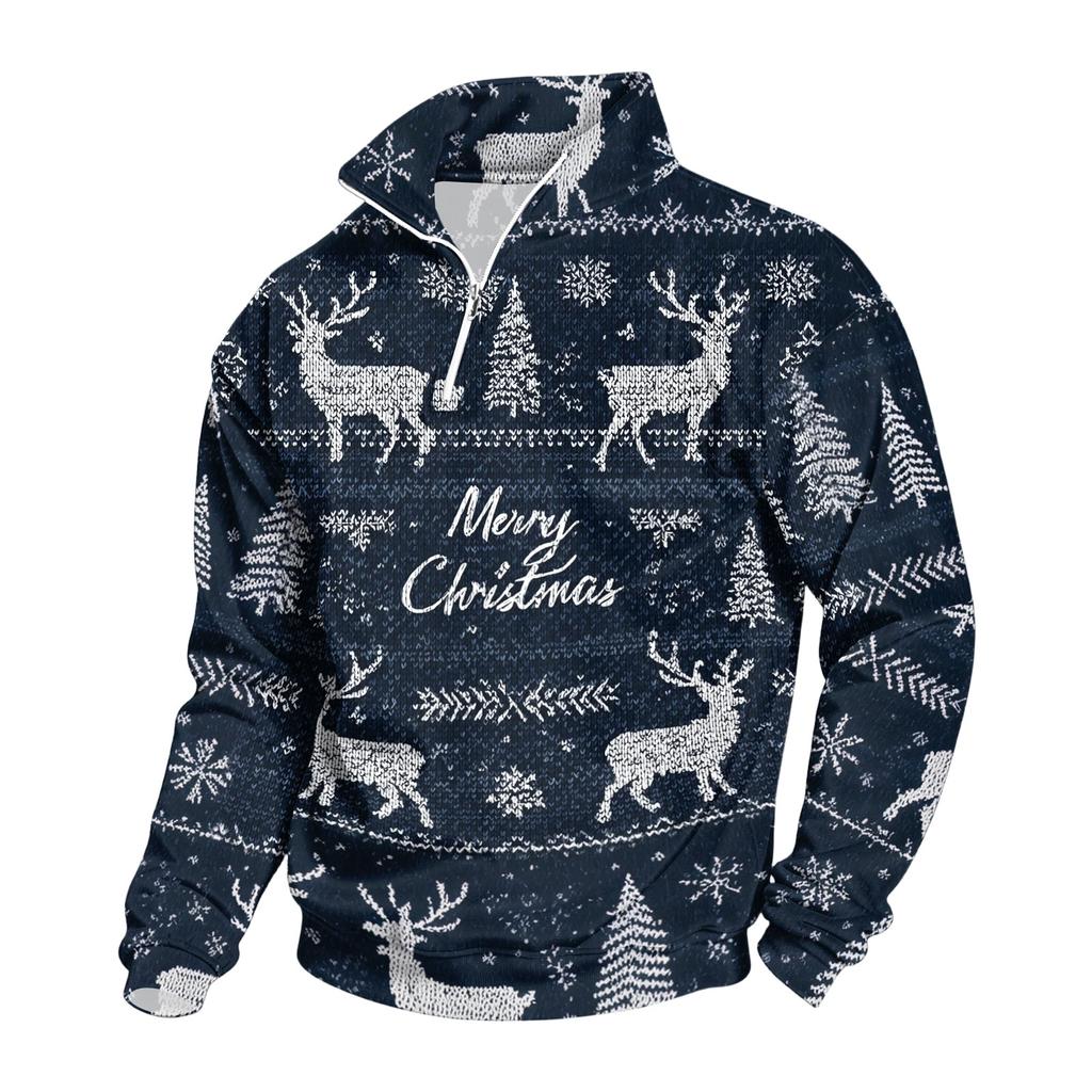 Men's Sweatshirt with Stand Collar Christmas Print Pullover for Casual Wear