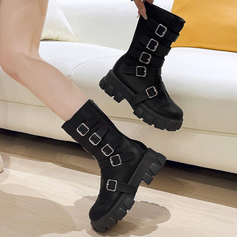 Fashion Spring Autumn Black Round Toe Platform Half High Boots for Women Chic and Elegant 2025 New Height Increase Mid Calf Shoes Woman