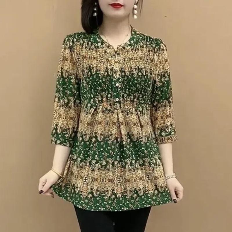 Pulover de vară pentru femei cu gât O, cu nasturi îmbinate, imprimeu, la modă, larg, minimalist, versatil, casual, cu mâneci 3/4, topuri din șifon