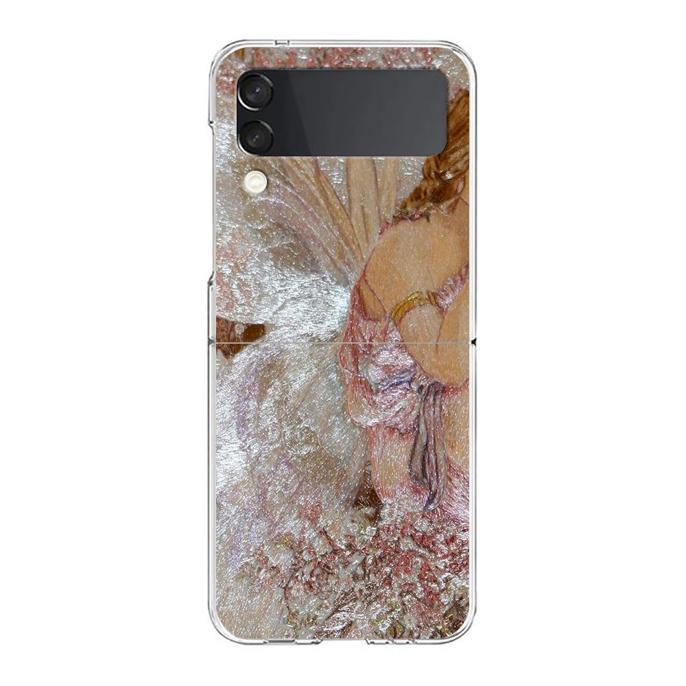 Transparent Phone Case For Samsung Galaxy Z Flip 3 4 5 6 7 Hard Folding PC Z Flip3 Flip4 Cover Flower Cute Fairy Fish Painting