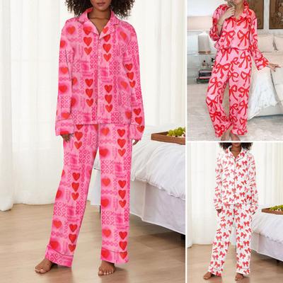 2 Pcs/Set Valentine Day Pajamas Bow Print Lapel Button-down Long Sleeve Shirt Elastic Waist Wide Leg Trousers Homewear Casual Outfit Spring Sleepwear