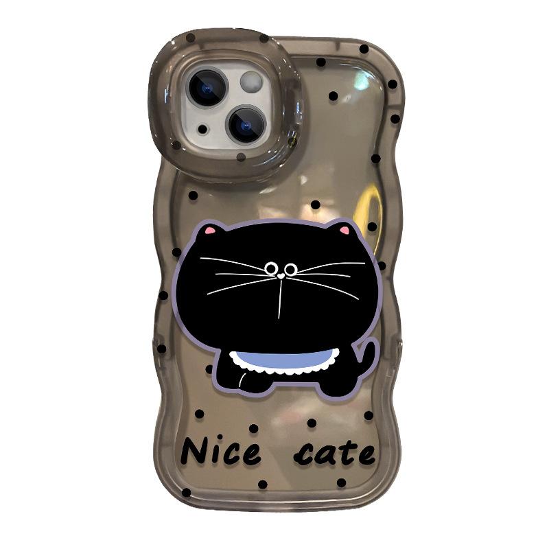 Polka Dot Black Cat Suitable for Iphone16 Apple 15 Mobile Phone Case 14promax Dual Bracket 14 Cute 13 Silicone XR