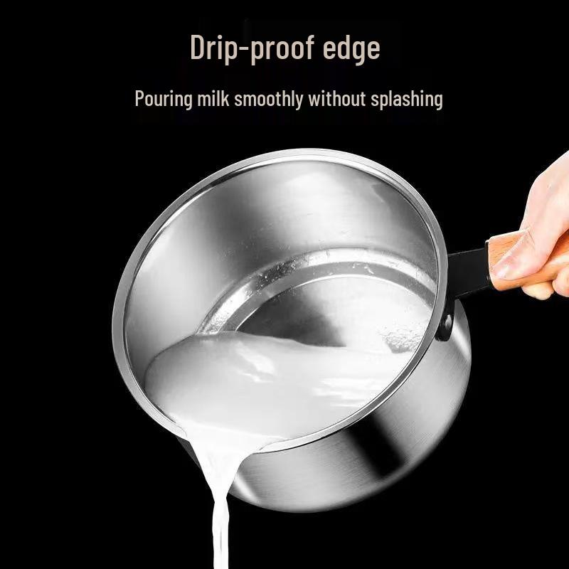 Stainless Steel Milk & Baby Food Pot with Thickened Base and Wooden Handle, Multi-functional Steamer Pot