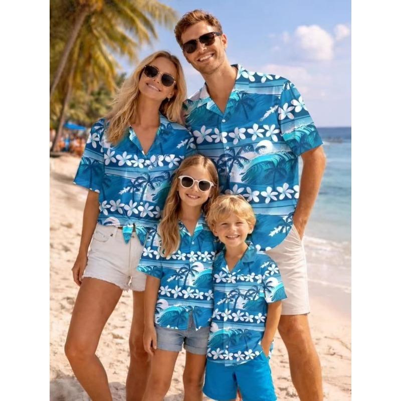 Summer Men's Family Wear Beach Hawaiian Shirt Tropical Summer Style Sandcastle Palm Tree Print Shirt Vacation Gift Child T-Shirt