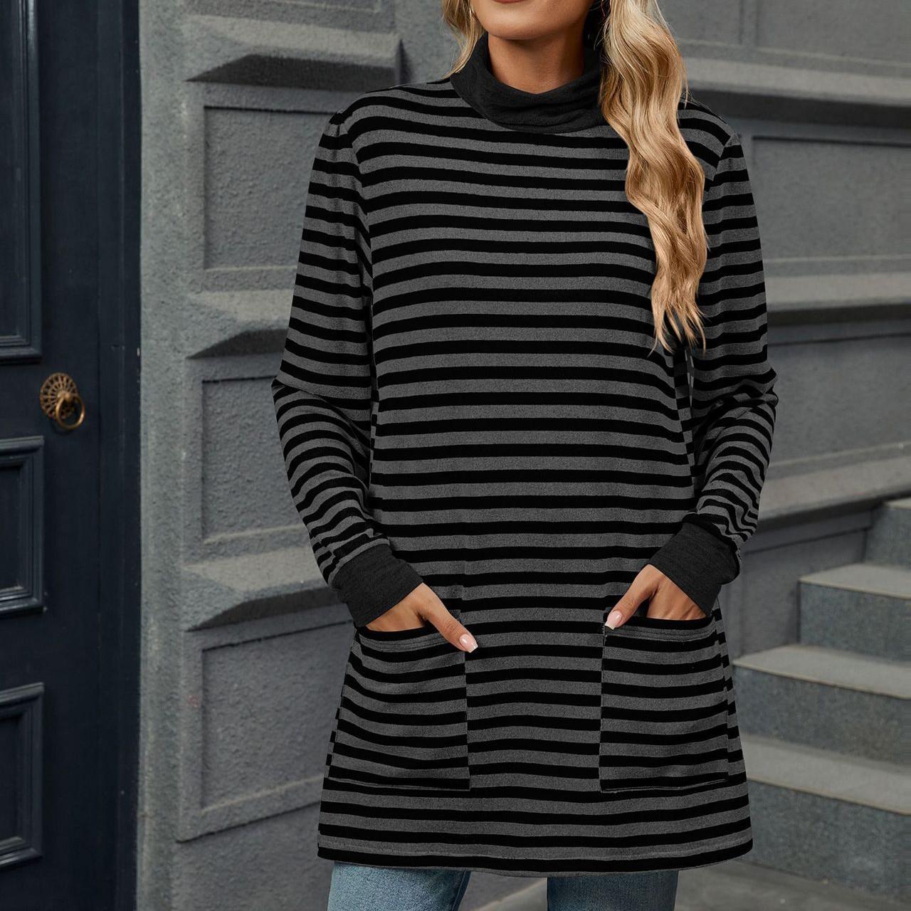 Женская модная повседневная полосатая трикотажная футболка с круглым вырезом и длинным — фото 11