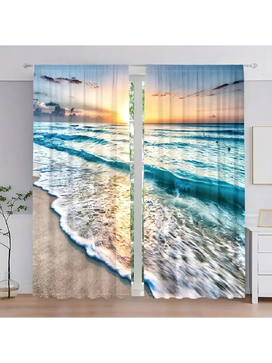 

2pcs Stunning Beach Sunset Printed Curtains, Designed for Light Filtering, Quality Material, Ideal for Coastal-Themed Home Windo 24x59in(60x150CM)x2&Rod Pocket