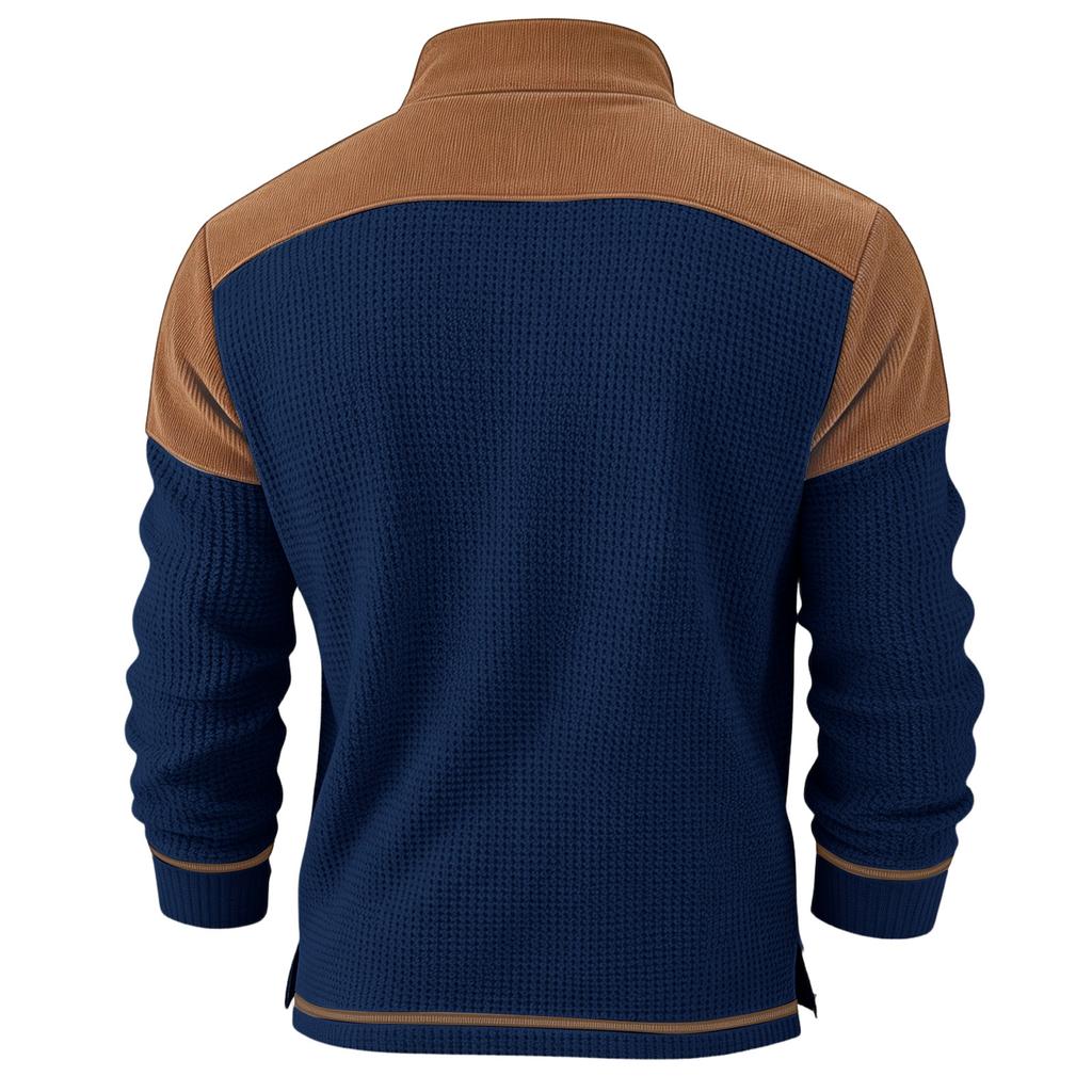 Mens Long Sleeve Knit Henley Shirt Pullover Casual Patchwork Top with Stand Collar