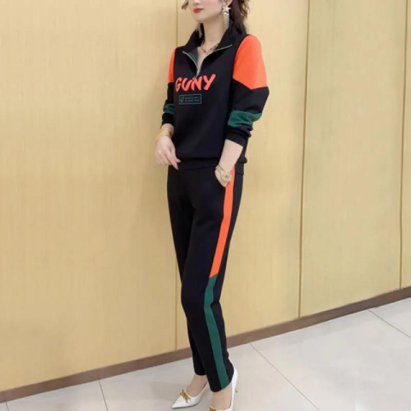 Casual Sports Suit for Women, Spring Letter Print, Stylish, Versatile, Slim Sweatshirt and Trousers Two-piece Set