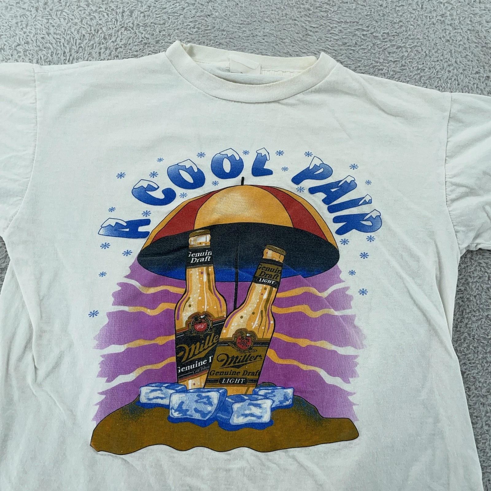 Vintage 90s Miller Genuine Draft A Cool Pair Beer T-Shirt S/M Cartoon Beach Surf 2XL