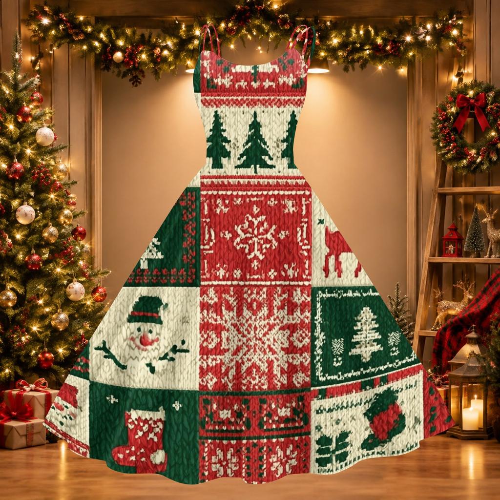Women's Retro Off-Shoulder Sexy Printed Dress for Christmas Party