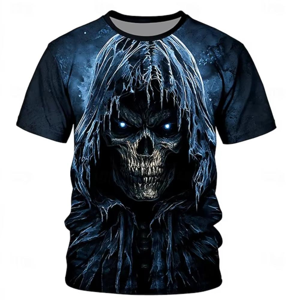 New Halloween Weird Skull Print Casual Crew Neck Short Sleeve Loose T-Shirt